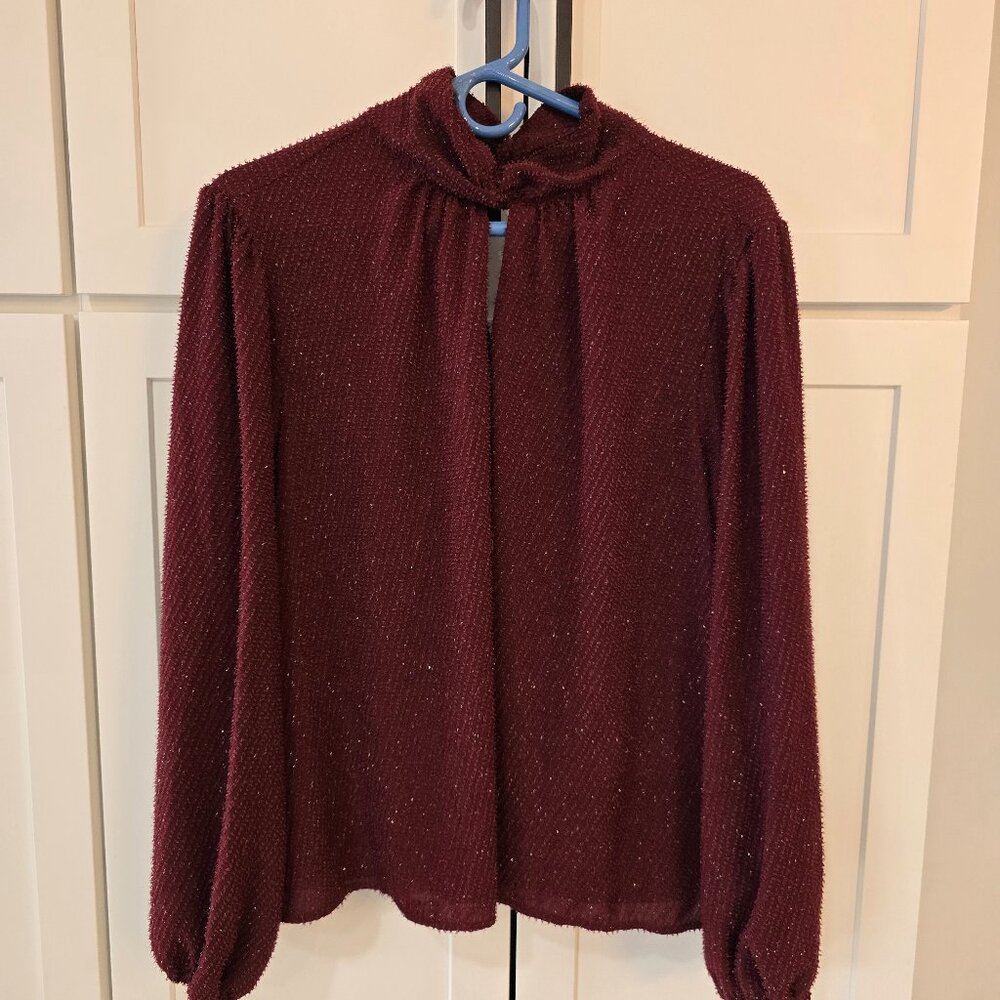Nine West Blouse 2X Burgundy Maroon Long Sleeve Keyhole Top Sparkle Glitter